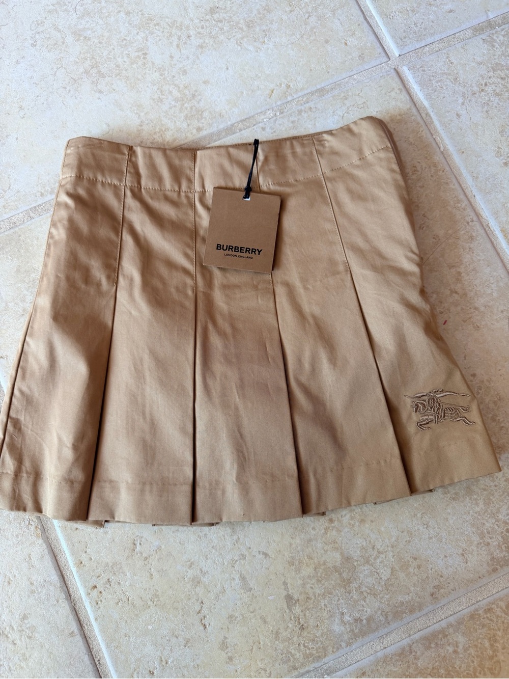 Burberry Beige Pleated Mini Skirt with Logo Embroidery